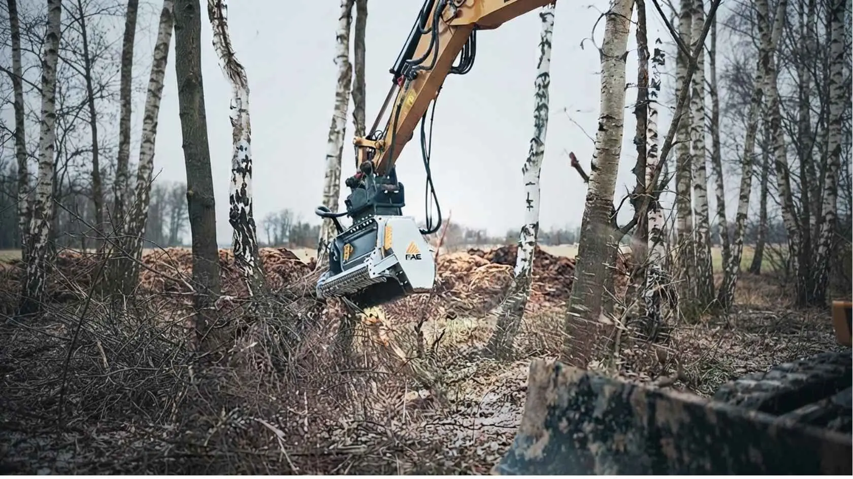 Desbastador florestal: entenda a função desse equipamento no manejo de áreas verdes 2 Desbastador florestal realizando limpeza de terreno