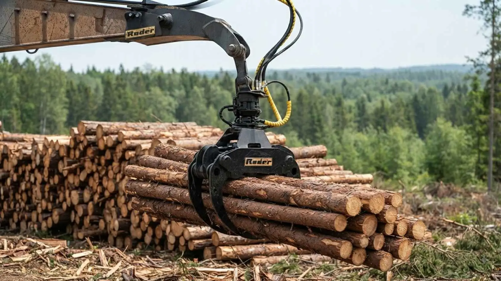 Garra florestal para escavadeira: por que os modelos da Roder são ideais para grandes operações? 3 Escavadeira com garra florestal organizando toras de madeira