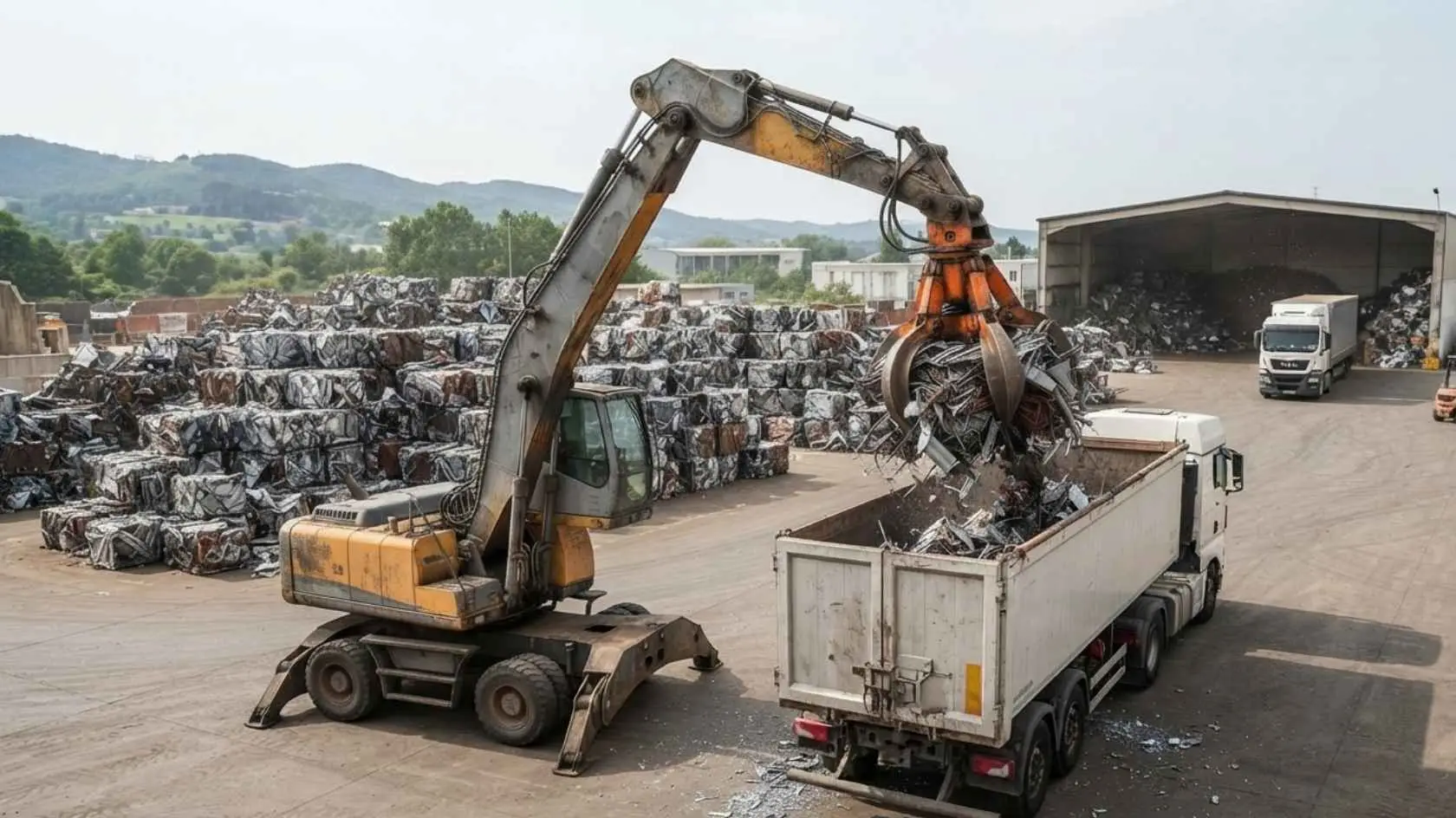 Garra sucateira: versatilidade e aplicações em pátios industriais e reciclagem 3 Garra sucateira carregando sucata metálica em operação industrial