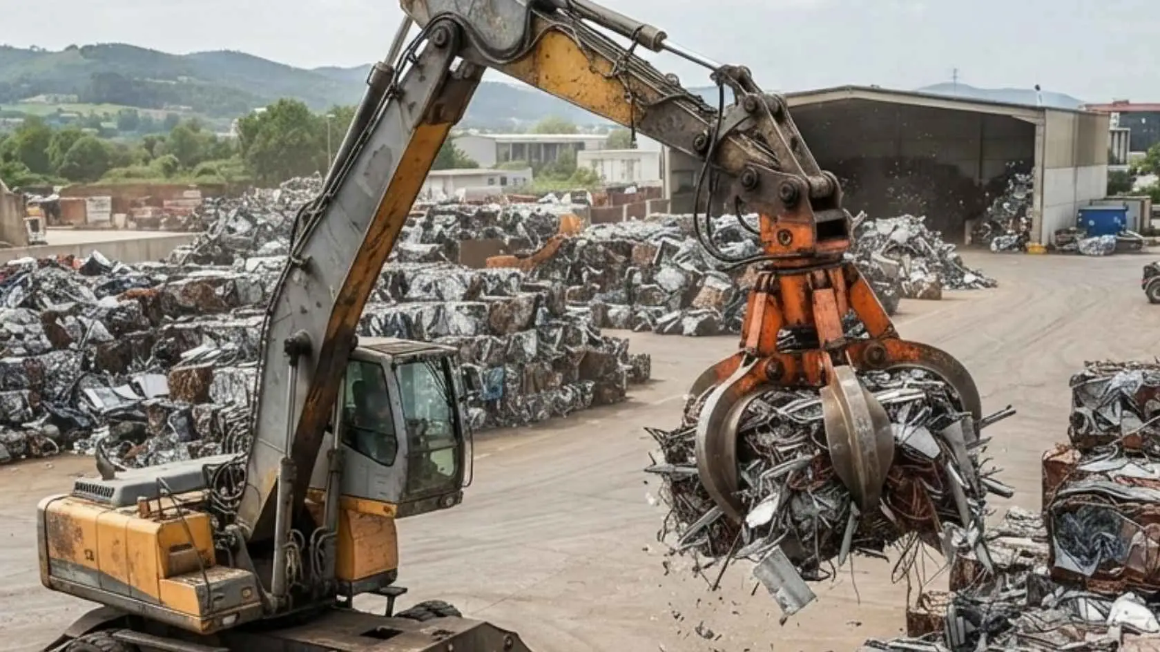 Garra sucateira: versatilidade e aplicações em pátios industriais e reciclagem 2 Garra sucateira posicionando sucata metálica em centro de reciclagem