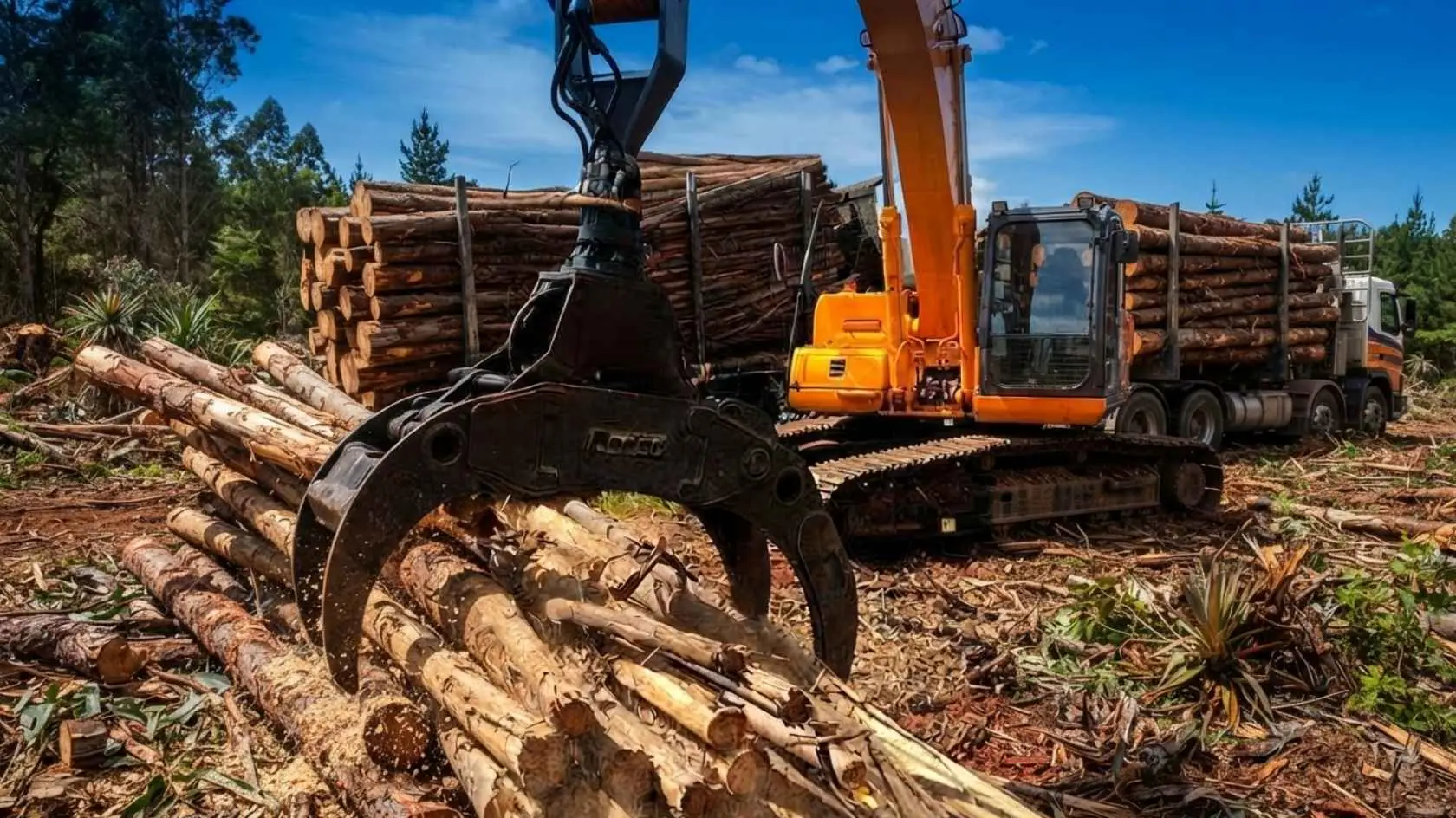 Garra traçadora florestal no processamento de eucalipto e pinus: como escolher? 3 Garra traçadora integrada à escavadeira para corte e movimentação de toras
