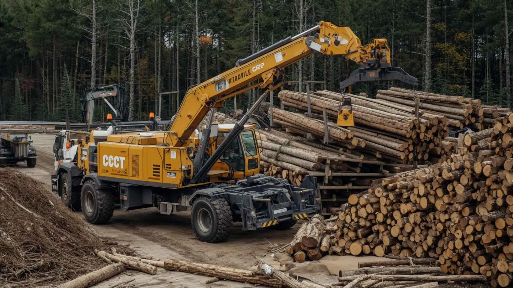 O que é uma grua florestal e como ela otimiza a logística de movimentação de cargas? 3 Equipamento florestal com grua hidráulica movimentando toras