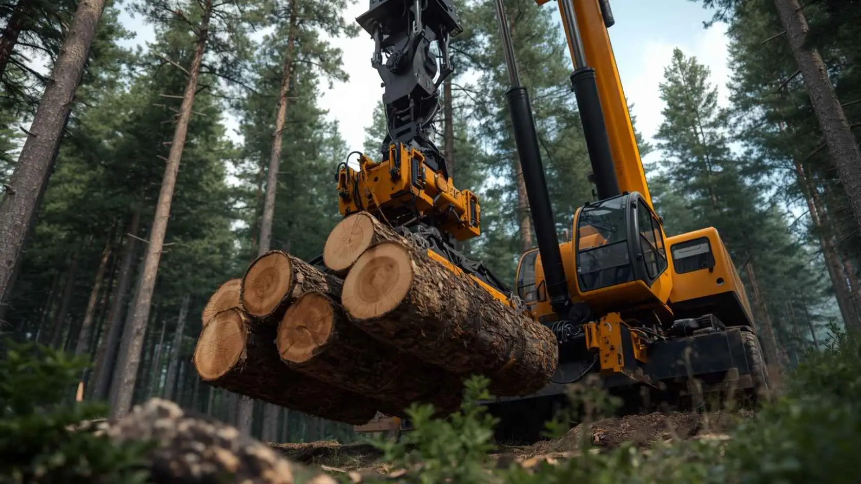 O que é uma grua florestal e como ela otimiza a logística de movimentação de cargas? 2 Grua florestal hidráulica movimentando toras de madeira