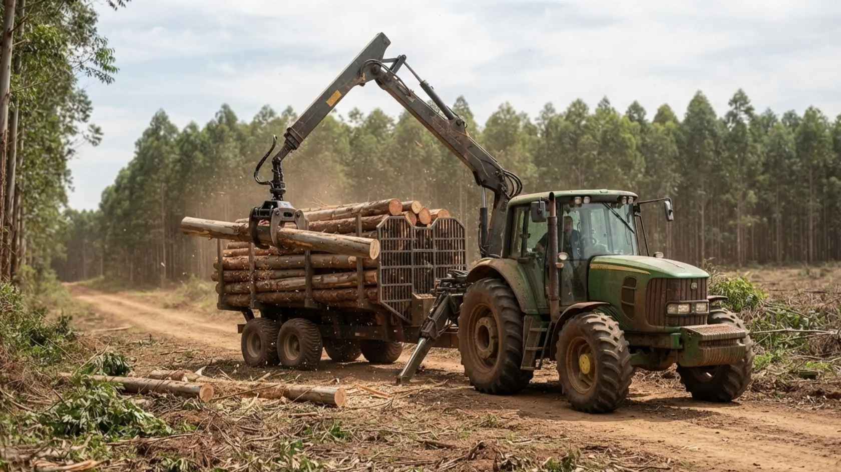 Grua florestal para trator: analisando o custo-benefício e a capacidade de carga 3 Trator com grua florestal carregando madeira em carreta