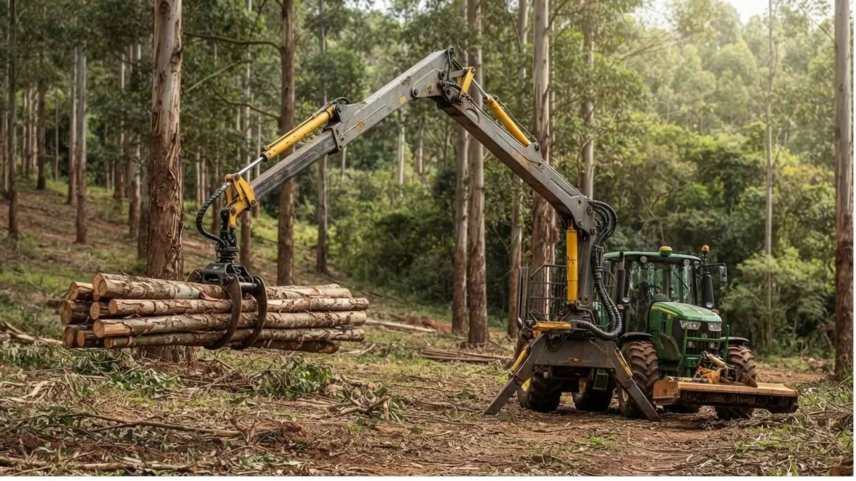 Grua florestal para trator: analisando o custo-benefício e a capacidade de carga 2 Grua florestal com braço hidráulico estendido movimentando toras